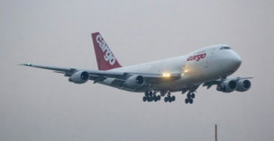A large jetliner flying through a foggy sky